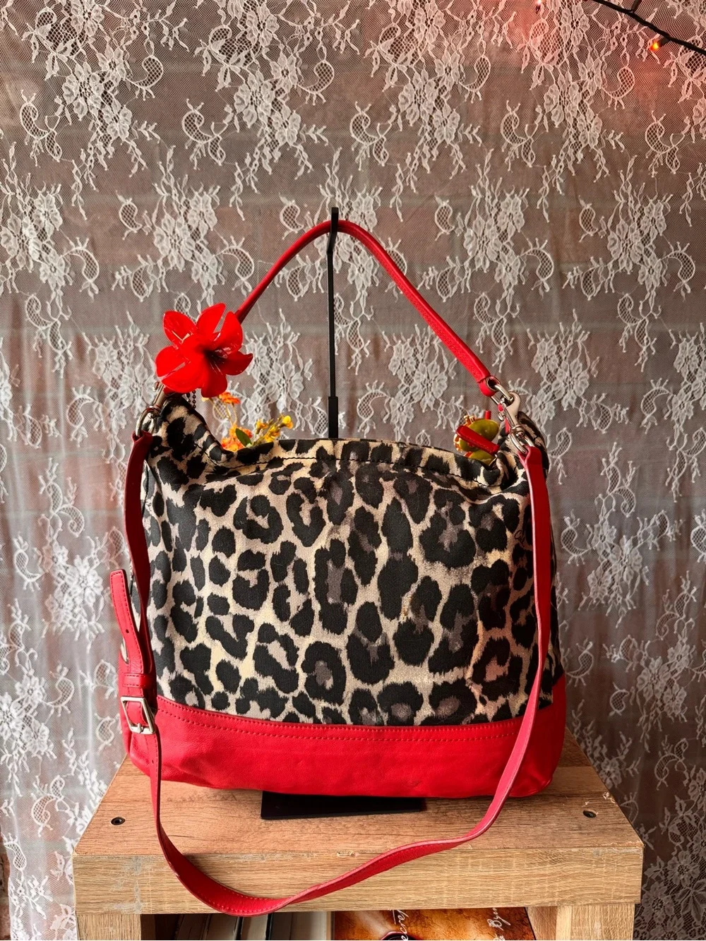 Coach Leopard Print and Red Leather Hobo Bag